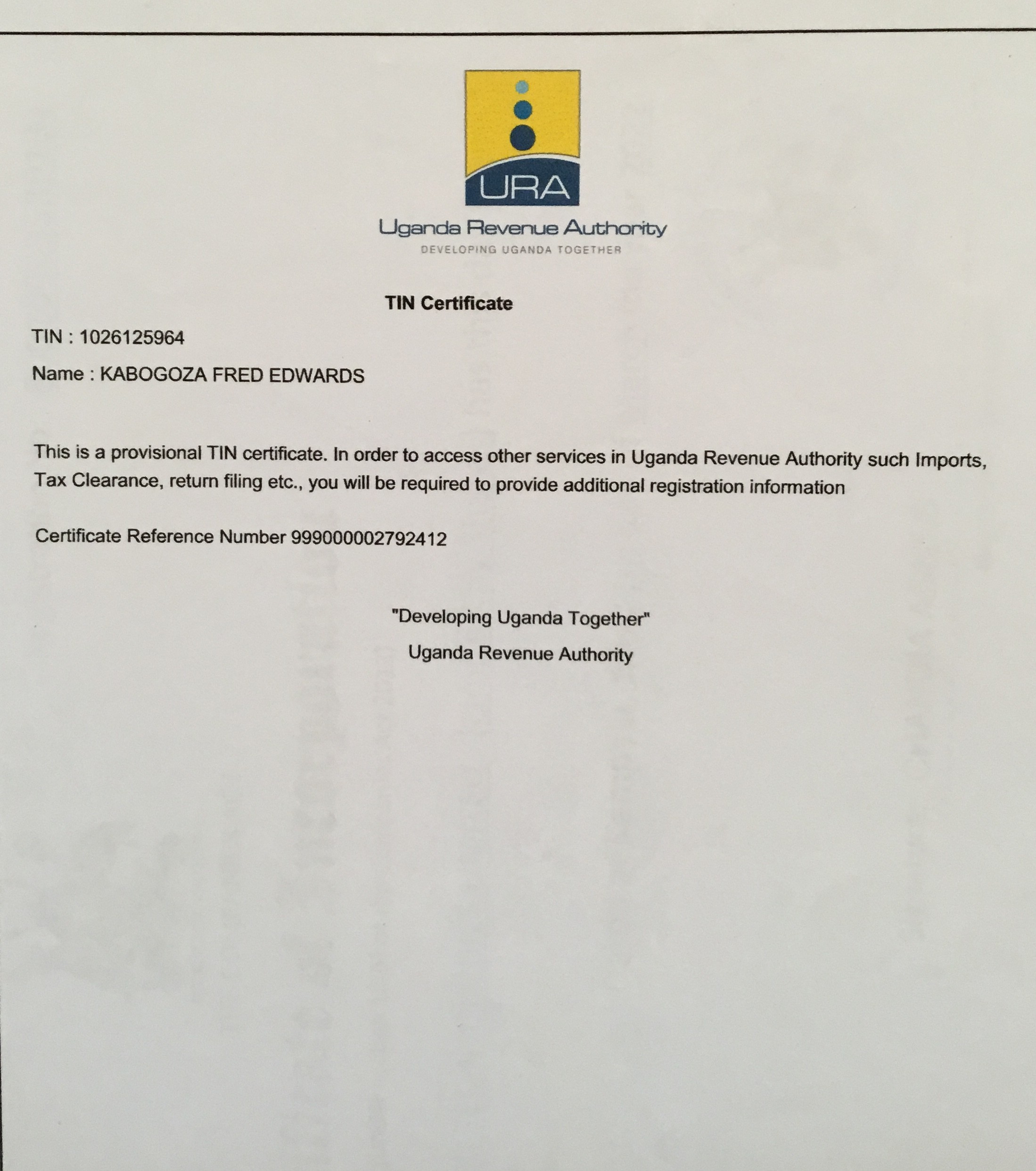 URA TIN Certificate